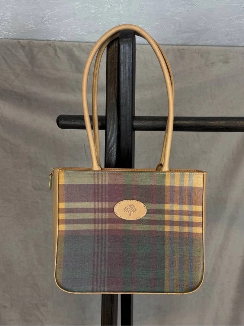Mulberry Plaid Shoulder Tote in Tan and Multicolor Plaid
